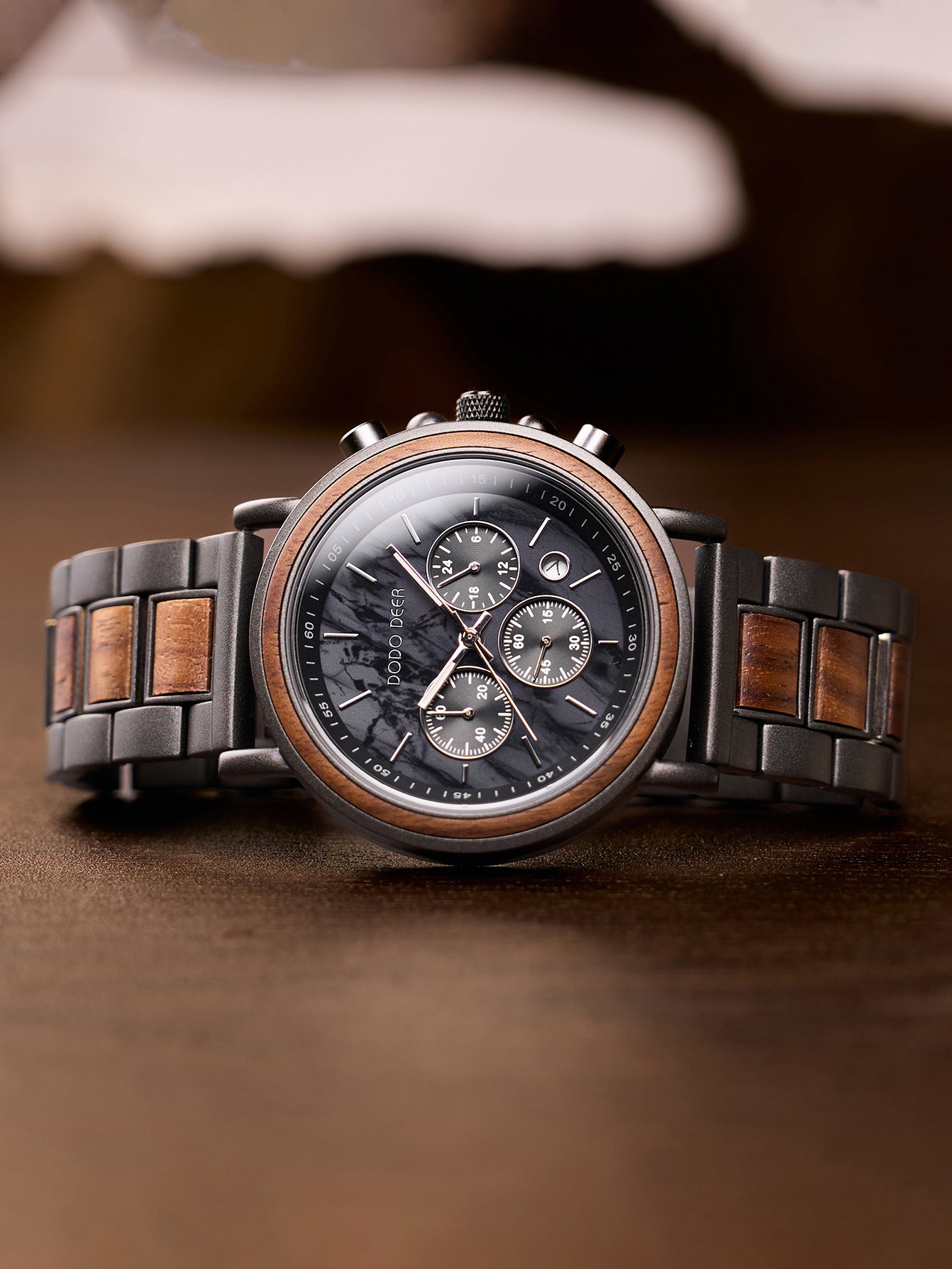 DODO DEER 2025 New Marble Dial Chronos Stainless Steel & Wood Watch with Timer Function