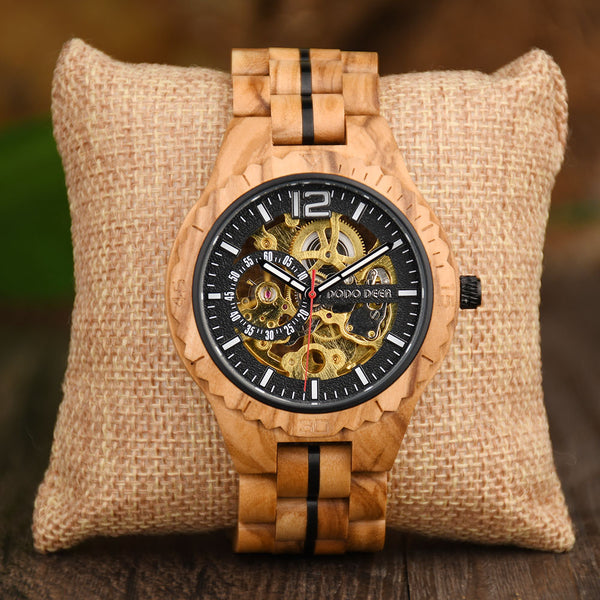 Olive Wood Skeleton Automatic Mechanical Watch for Men – DODO DEER