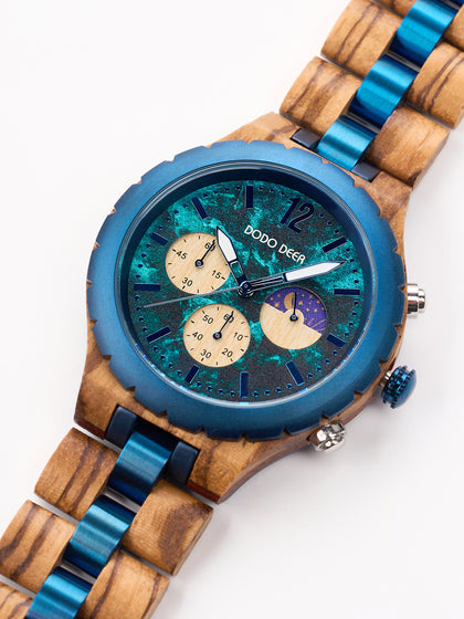 DODO DEER Custom Engraved Zebra Wood Watch Multi-Function Calendar Week Male Quartz Watch