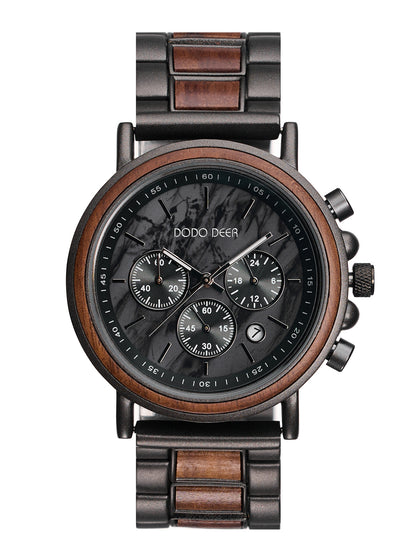 DODO DEER 2025 New Marble Dial Chronos Stainless Steel & Wood Watch with Timer Function